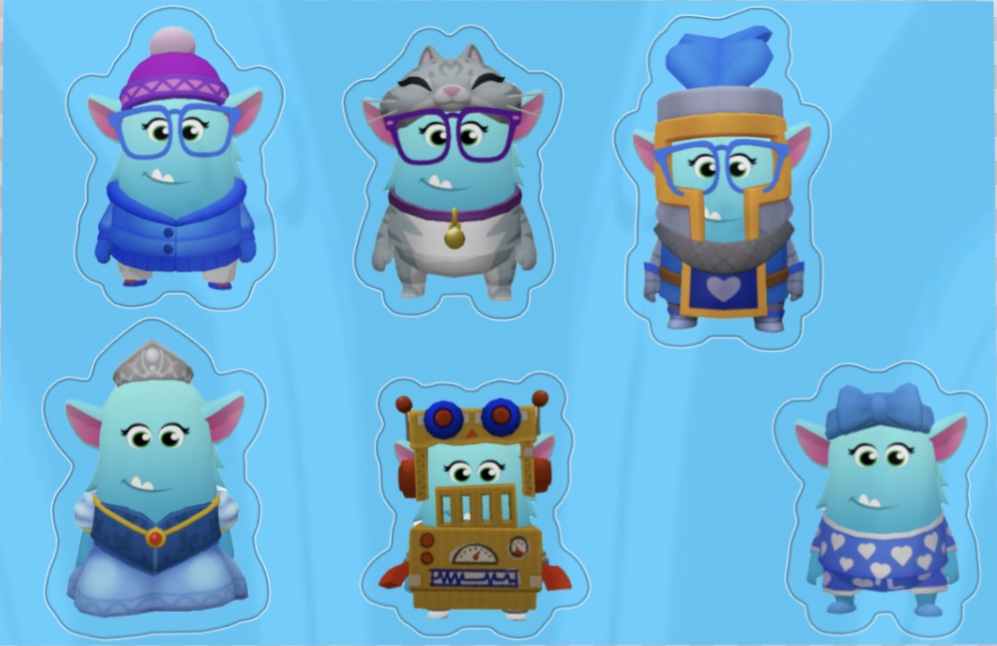 Sheet of six stickers featuring cartoon monster characters in different outfits